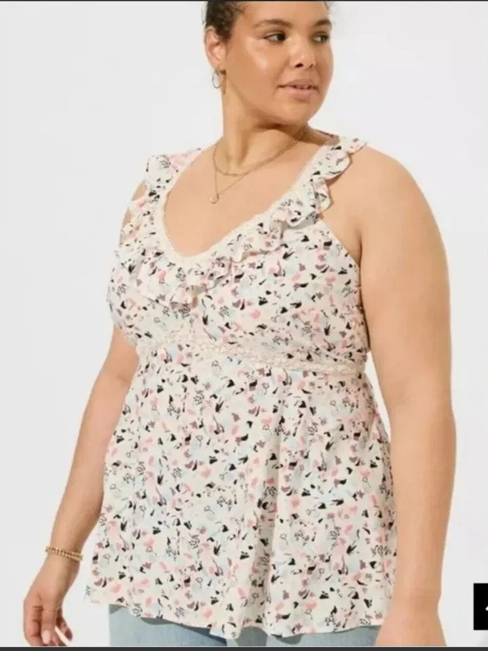 torrid Cream Ruffled Neck Sleeveless Top with Abstract Pastel Print
